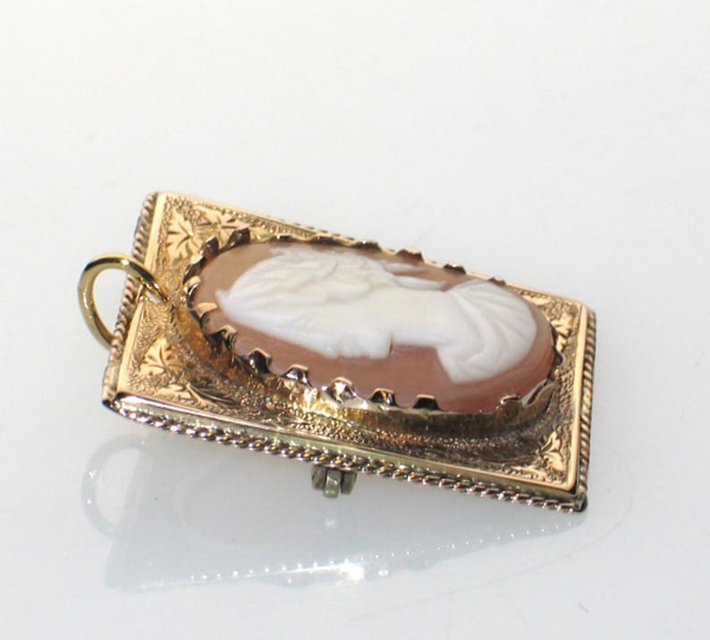 Antique 10K Gold Ornate Engraved Square Shape Left Face Cameo Pin Pendant VictorianCivil War Reenactment PinEarly Victorian Cameo Lovely