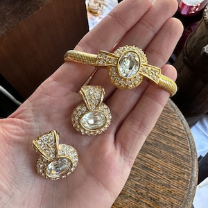 Vintage Gold Monet Set Stretch Snake Bracelet 7” & Clip-On Earrings with Pave Clear Crystal Rhinestones