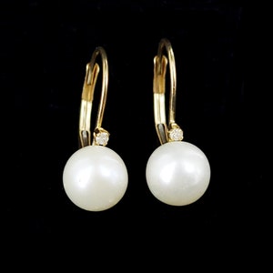 Vintage 14k Yellow Gold Cultured White Pearl and White Sapphire Earrings .5” / Pearl Earrings / Gold Jewelry / Gifts for her / Good Gift