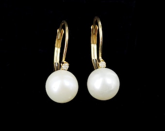 Vintage 14k Yellow Gold Cultured White Pearl and White Sapphire Earrings .5” / Pearl Earrings / Gold Jewelry / Gifts for her / Good Gift