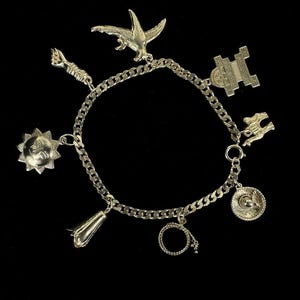 Vintage Sterling Silver Mexico Assorted Charm Travel Chain Bracelet 8.5”