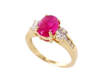 Vintage 14k Yellow Gold Natural Pink Sapphire Cab Diamond Statement Ring sz 8.5