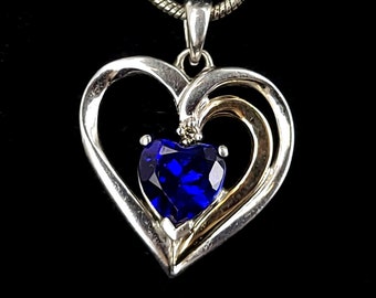 Vintage Sterling Silver 14k Gold Heart Synthetic Sapphire Diamond Pendant Necklace 19" / Sapphire Jewelry /Gemstone Jewelry/Diamond Necklace