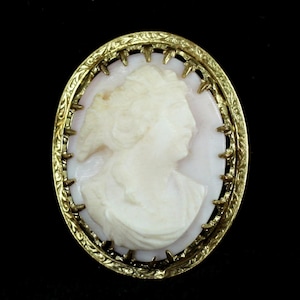 Puede incluir: Un broche de camafeo con un engaste dorado. El camafeo presenta un perfil blanco de una mujer sobre un fondo rosa.