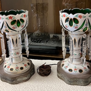 Vintage Cut to Clear Bohemian Glass Green Hand Painted Floral Lamps 1930&#39;s Stunning Pair! / Goofd Gift/ Gift for you/ Gift for Her/ Gift