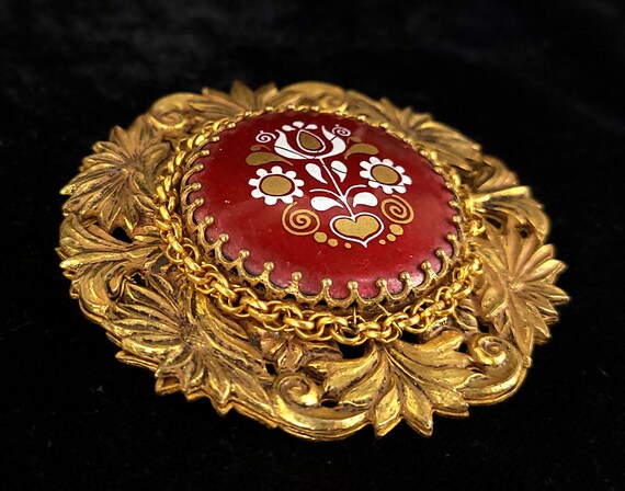 Vintage Miriam Haskell Red Enamel Floral Brooch -… - image 5