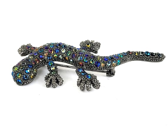 Vintage Black Metal Gecko Lizard Oil Slick Blue G… - image 2