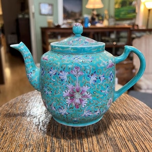 Antique Chinese Famille Rose Turqoise Floral Teapot ~Qing, Guangxu, 19th Century