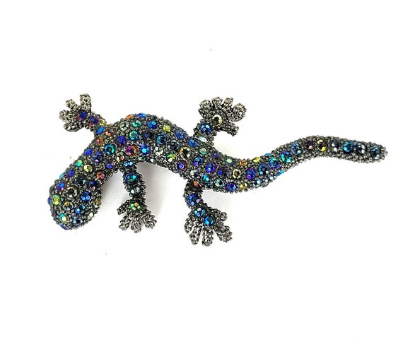 Vintage Black Metal Gecko Lizard Oil Slick Blue G… - image 1