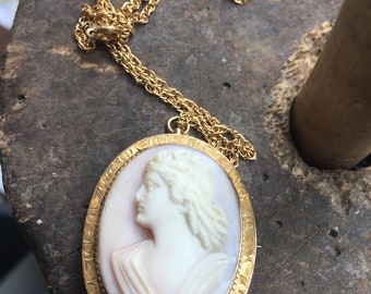Antique 10K Gold Victorian Pink Angel Skin Coral 3D Cameo Engraved Necklace 18"/ Victorian Pink Coral Cameo/Angel Skin Coral/Pink Coral/Gift