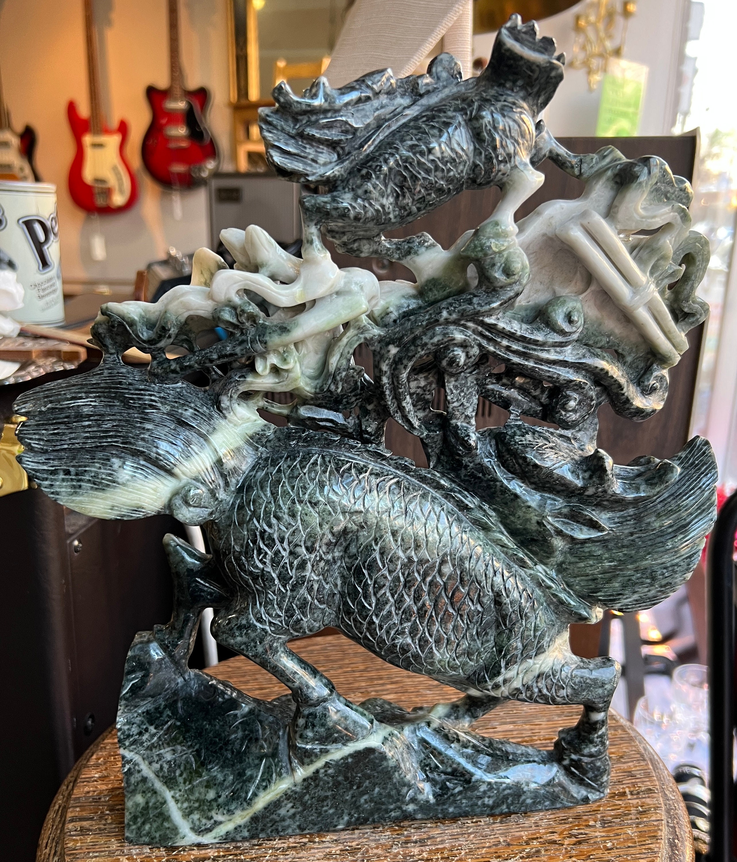 Vintage Chinese Spinach Jade Carving Statue W/ Base Qilin