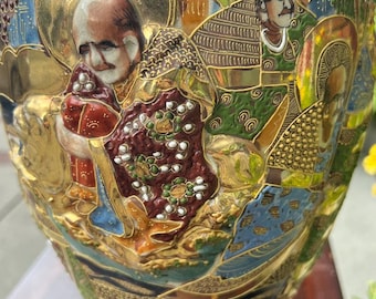 Antique Japanese Moriage Vase Lamp: Gold Gilt Immortals & Dragons