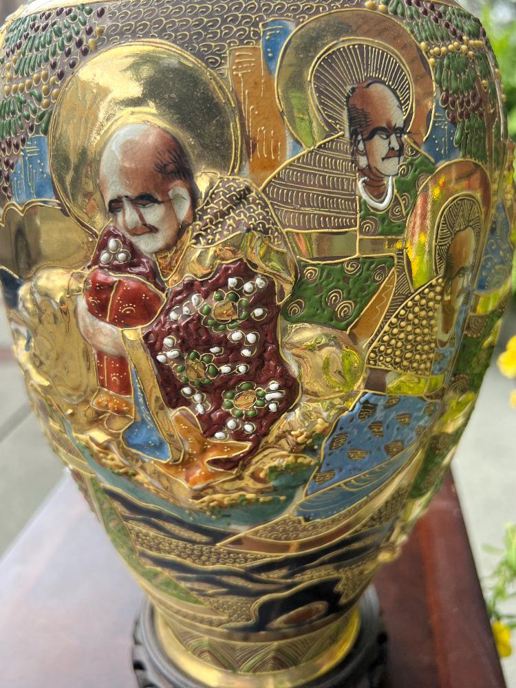 Antique Japanese Moriage Vase Lamp: Gold Gilt Immortals & Dragons