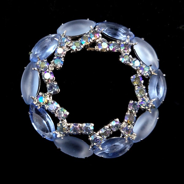 Vintage Weiss Frosted Crystal Blue Rhinestone Aurora Borealis Round Pin Brooch 2” / Weiss Jewelry / Weiss Brooch / Rhinestone Jewelry
