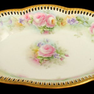 Antique Porcelain Reticulated Dish: Hand-Painted Roses & Violets, Signed