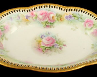 Antique Porcelain Reticulated Relish Veggie Dish Germany Roses Violets 12.5" Signed HP/Bread bowl plate/Open work Dish/Hand painted flowers/