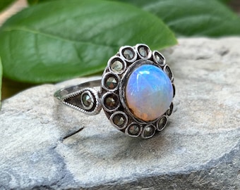 Antique Deco Sterling Silver Jelly Australian Opal Marcasite Ring Size 4.75/ Deco Jelly Opal Ring/ Antique Sterling Opal Ring/Red/Blue/Green