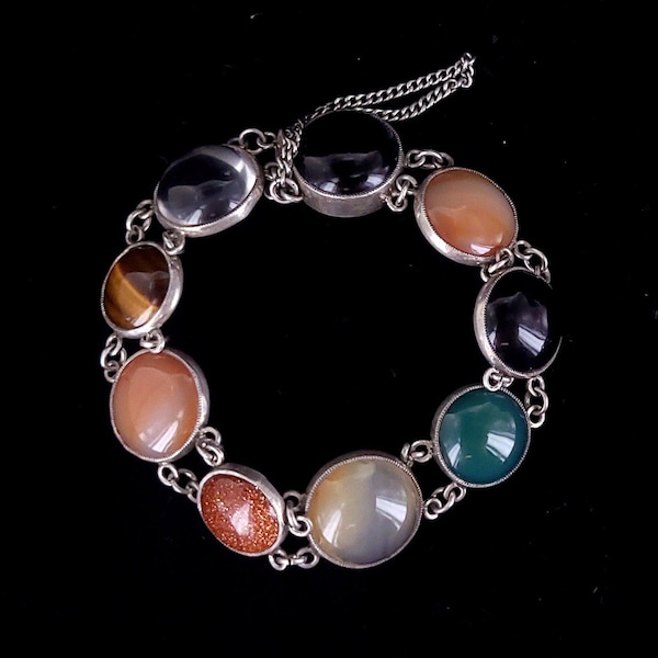 Antique Art Deco Sterling Silver Gemstone Cabochon Bracelet 7" / Gemstone Jewelry / Tigers Eye Bracelet / Goldstone Bracelet / Gifts for her