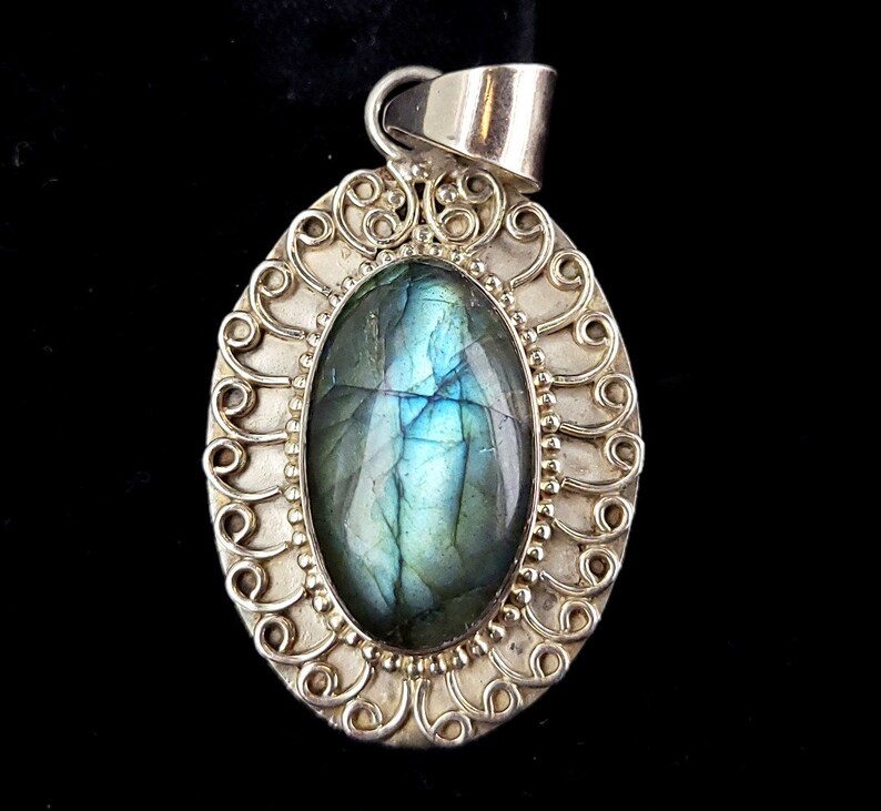 Vintage Sterling Silver Flashy Blue Green Labradorite Bali Design Pendant 2.25 labradorite Jewelry Labradorite Pendant Gifts for her