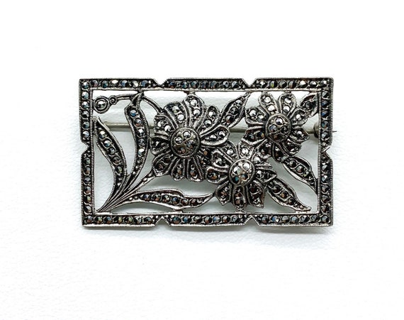 Antique Art Deco Sterling Silver Pave Marcasite Daisy Flower Rectangle Brooch Antique Art Deco Sterling Brooch Art Deco Daisy Flower Pin Etsy
