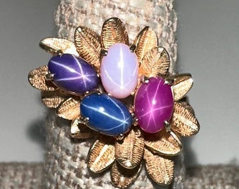Vintage 14k Gold Linde Star Sapphire Ruby Cluster Floral Cocktail Ring 7