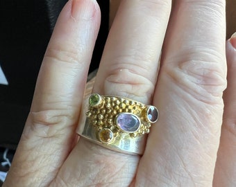 Vintage Bali Sterling Gold Amethyst Peridot Garnet Citrine Ring Band 7.5-7.75/ Good Gift/ Gift for Him/ Gift for Her/ Bali Gemstones/ Gift