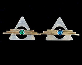 Vintage Sterling Gold Filled Abalone Shell Geometric triangle Post Earrings / Gemstone Jewelry / Gemstone Earrings /Sterling silver Earrings