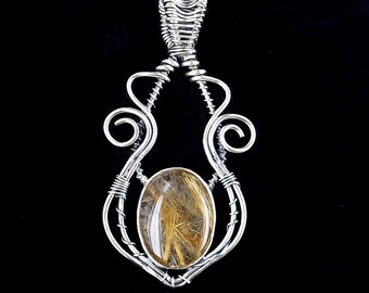 Handmade Sterling Silver Golden Rutilated Quartz Wire Wrap Pendant Necklace 2.75" / Gemstone Jewelry / Gifts for her / Quartz Pendant