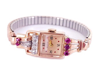 Vintage Deco 14k Rose Gold Bulova Diamond Rubies Ladies Watch- Works!