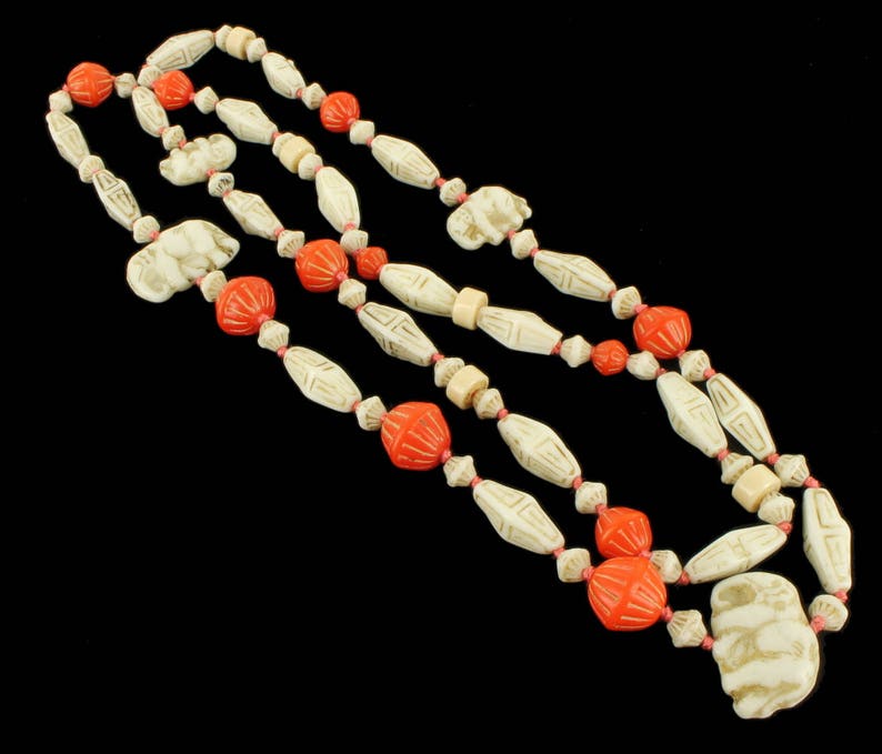 Antique Deco Max Neiger Egyptian Revival Czech Elephant Carved Necklace 30.5