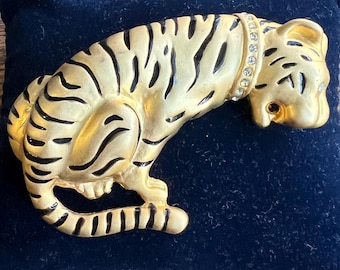 Vintage 18kt Gold Plated Tiger Brooch: Pave Paste Collar, 1970s