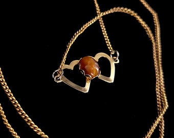 Collar vintage de corazón de ojo de tigre ovalado bañado en oro de mediados de siglo de 19" / Joyas de ojo de tigre / Collar de oro / Joyas vintage / Regalos para ella