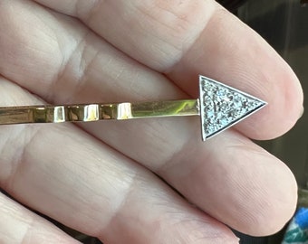 Antique Deco Rare 14k White Yellow Gold .06 CTTW Pave Diamond Triangle Hair Pin 2”
