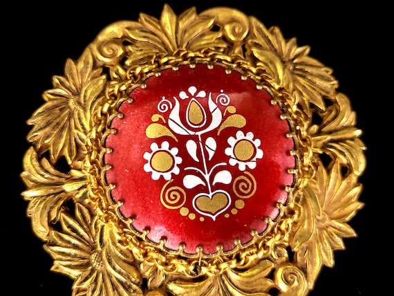 Vintage Miriam Haskell Red Enamel Floral Brooch -… - image 2