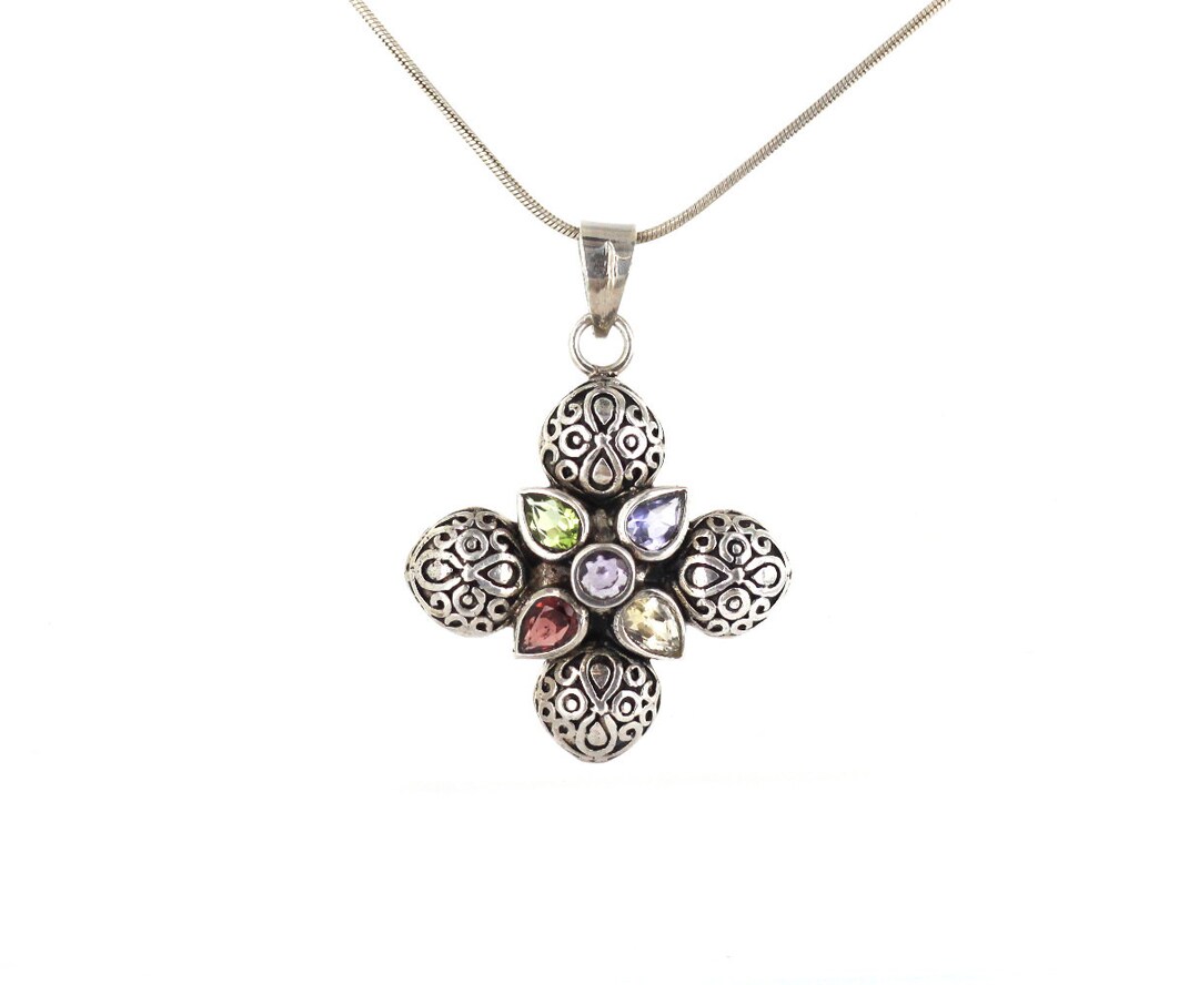 Vintage Sterling Silver Gemstone Ornate Cross Necklace 17"/ Vintage ...