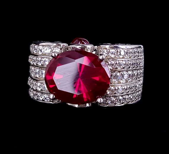 Vintage Sterling Silver Synthetic Ruby Pave Cubic… - image 1