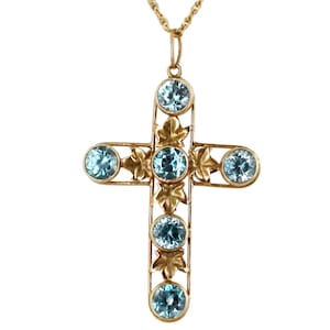 Antique Deco Rare 14k Gold Mine Cut Genuine 7+cttws Blue Zircon Cross Pendant 24&quot;/Good Gift/Christian Gift/Art Deco Cross/Blue zircon
