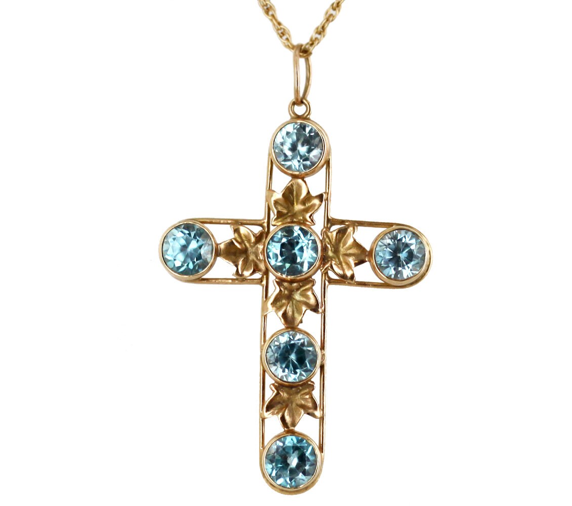 Antique Deco Rare 14k Gold Mine Cut Genuine 7+cttws Blue Zircon Cross Pendant 24"/Good Gift/Christian Gift/Art Deco Cross/Blue zircon