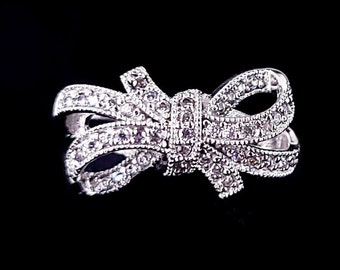 Vintage Sterling Silver Bow Ribbon Cubic Zirconia CZ Ring S 7.5 / Silver Cubic Zirconia Jewelry / Sterling Jewelry /Gifts for her /Good Gift