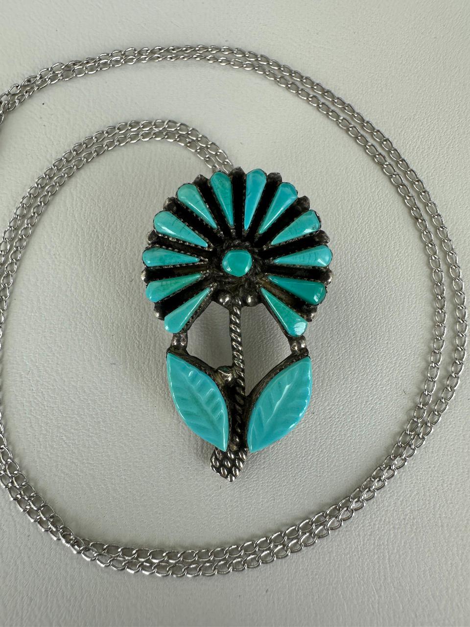 Vintage Sterling Laate Zuni Carved Turquoise Sunflower Brooch