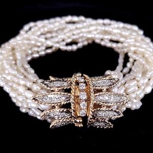 Vintage 14k Yellow Gold Mid Century Diamond Seed Pearl Multi Strand Bracelet 7” / Hollywood Regency Jewelry/ Good Gift/ Gift for Her/ Gift