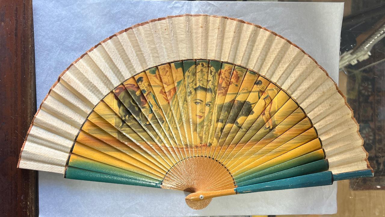 Vintage Spanish Flamenco Folding Fan Wood Cloth Bullfighting Scene 16"