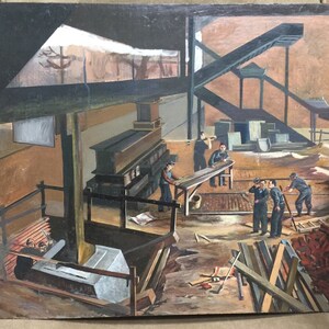 Rare Vintage Industrial Railroad Workers Oil Painting Forrest Cooper Listed Artist/ American Postwar  Artist/ Good Gift/Gift for Yourself/