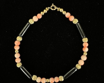 Vintage 1970’s 12k Gold Filled Pink/Orange  &Rare Black Coral Bead Bracelet 7”/Good Gift/ Gift for Her/ Gift for Him
