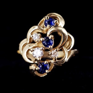 Vintage 14k Yellow Gold Diamond Sapphire Mid Century Disco 70s Ring sz 6.5 / Gemstone Jewelry / Gold Jewelry / Gifts for her / Good Gift