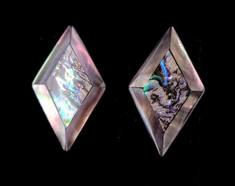 Vintage Sterling Mother of Pearl MOP and Abalone Diamond Shape Post Back Earrings / Mother of Pearl Jewelry / Gifts for her / Good Gifts