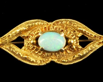Antique Victorian 14K Gold Etruscan Blue Green Fire AU Opal Seed Pearls Ornate Design Pin 1.5&quot;/ Good Gift/ Gift for Her/ Gift for Her/ Gift