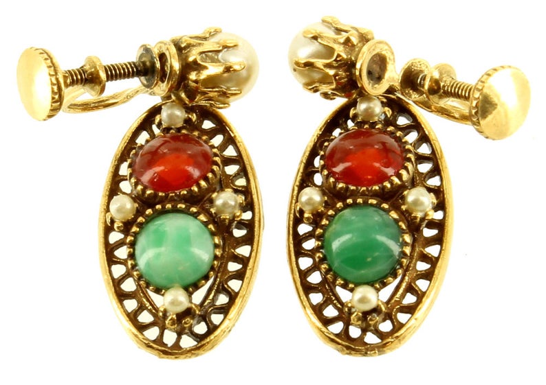Antique Czech Deco Snake Mesh Peking Glass Intaglio Bracelet 7 /& Earrings Set