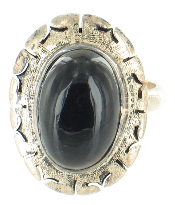Vintage Sterling Silver Mexico Onyx Aztec Design Oval Cab Ring 6.5  Pretty! 1960s/Axtec ring/Vintage Ring/Sterling onyx ring/aztec design