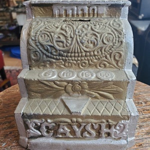 Antique Cast Iron Cash Register &quot;Caysh&quot; Coin Bank Fully Intact Hand Painted 5&quot; H/Good Gift/Cast Iron Bank/ Antique Bank/ Still Bank